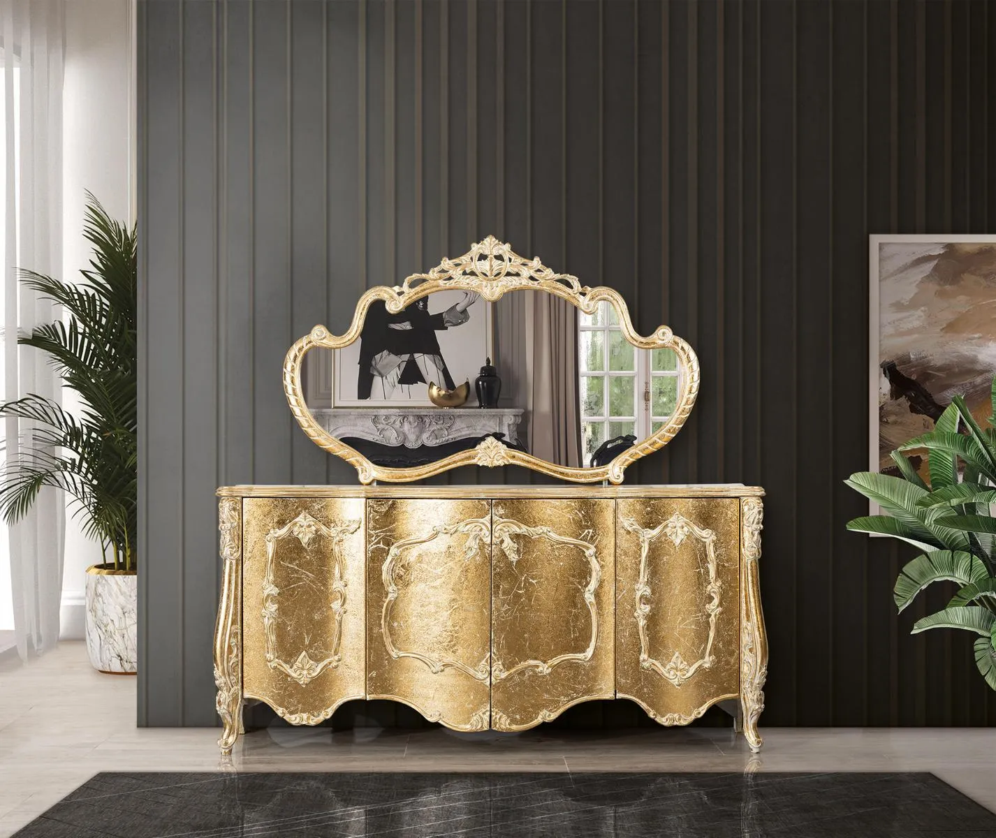 Sideboard mirror luxury group chest of drawers set cabinet gold