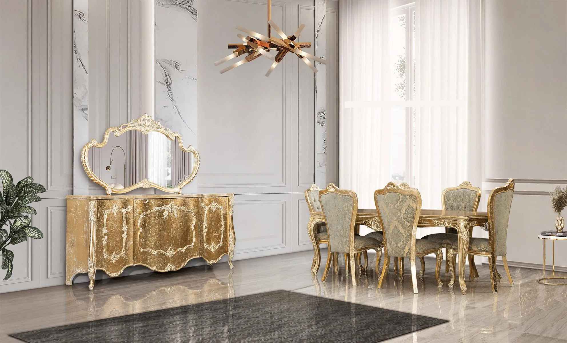 Dining Room Dining Table 6x Chairs Table Classic Dining Set 7pcs.