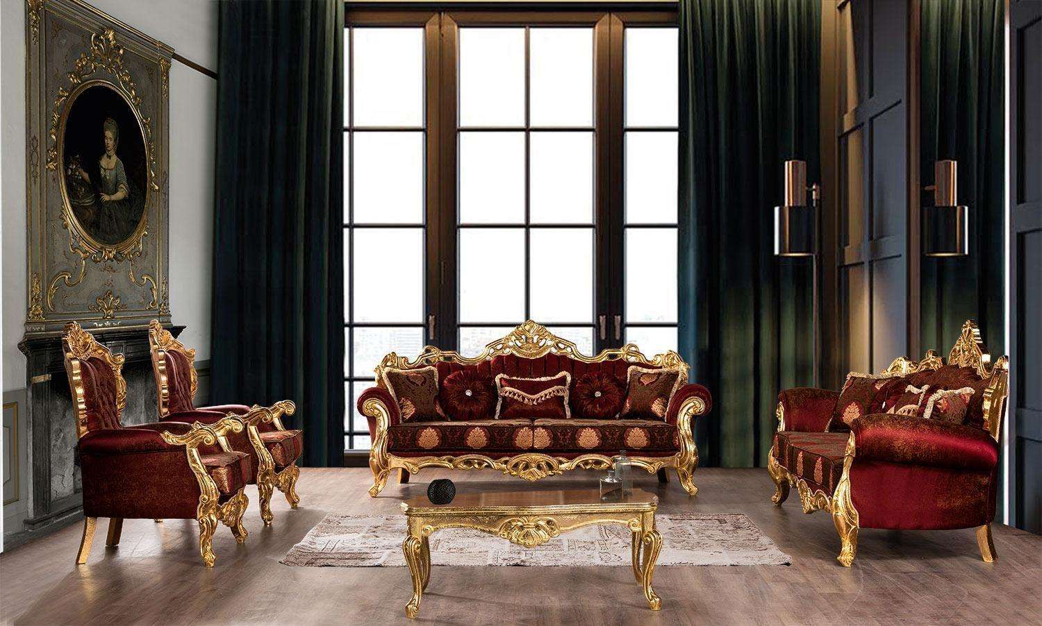 Bordeaux Red Sofa Set Couch Gold Classic Furniture Table 5pcs.