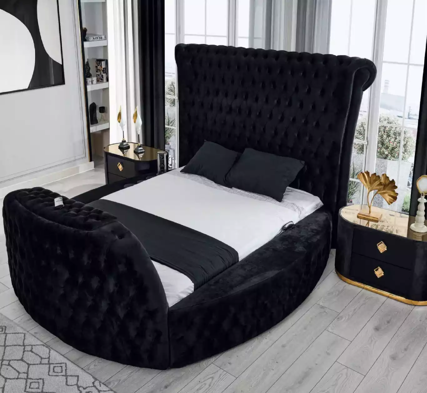 Round Bed Chesterfield with Lift Wardrobe Upholstery Beds Round Beds Furniture 3pcs.