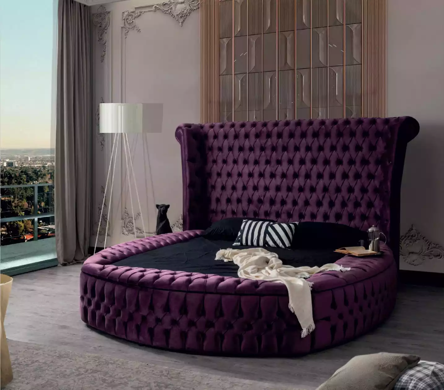 Round Chesterfield Bed Purple Beds Furniture Velvet Textile Hotel Furnishings Double