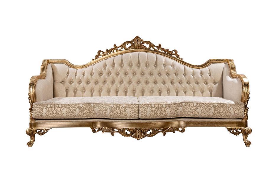 Three-Seater Classic Baroque Rococo Upholstered Sofa in Gold Wood Quality