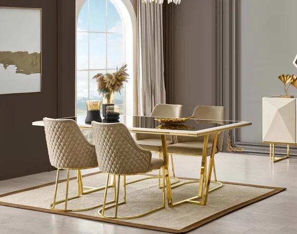 Dining set Luxury dining set Dining table chairs 7pcs Beige Gold Set