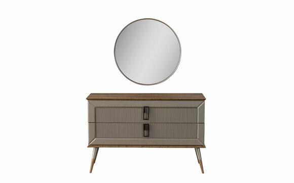 Brown designer chest of drawers Elegant round mirror Luxury dressing table set 2 pcs