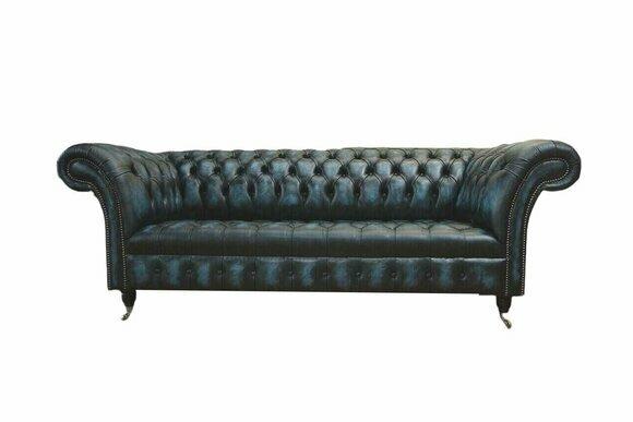 Classic 3 Seat Couch Upholstery Seat Chesterfield Textile Leather Blue