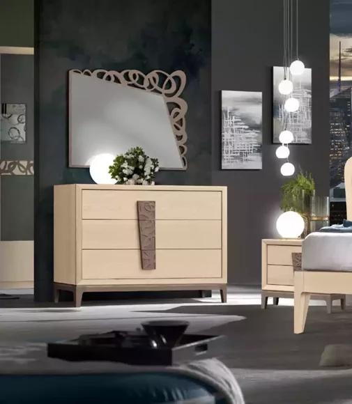 Bedroom Set Luxury Chest of Drawers Mirror Design Furniture Beige 3pcs Wood