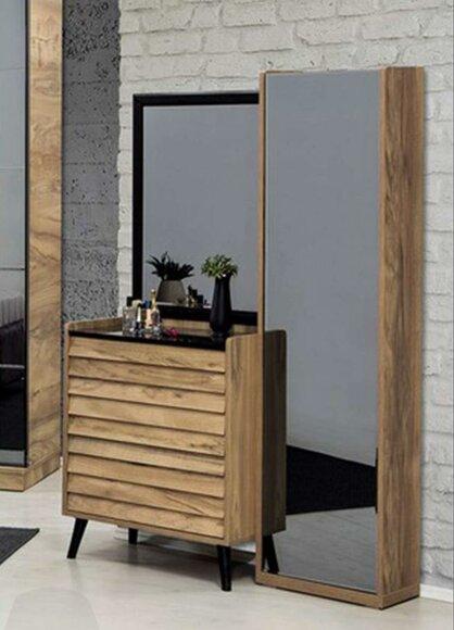 Brown high chest of drawers with mirror Designer bedroom console 2-piece set