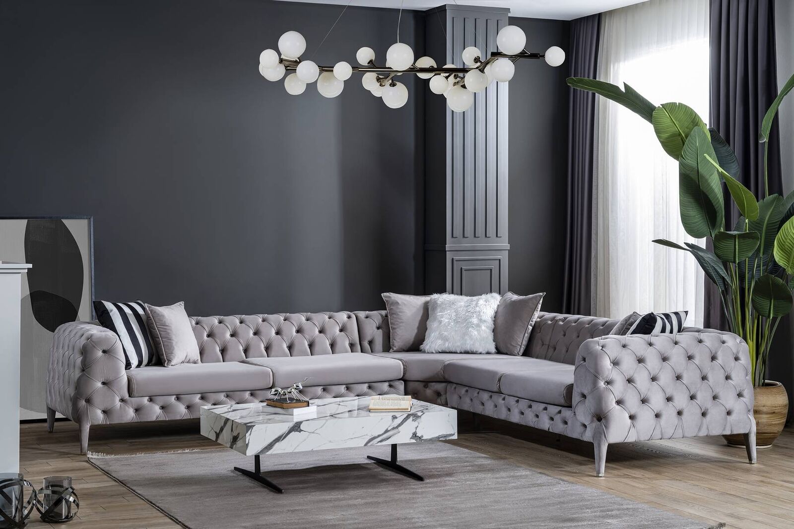 Grey chesterfield living room L-shaped sofa corner sofas upholstered couches new