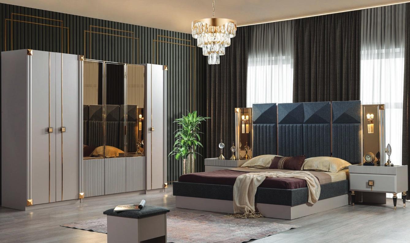 Luxury bedroom furniture upholstered double bed wood bedside tables wardrobe
