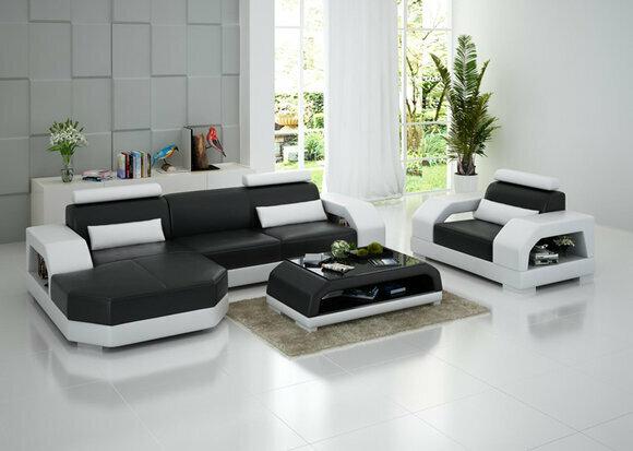 Leather Sofa Couch Living Area Corner Sofa + Armchair Set Modern LED USB