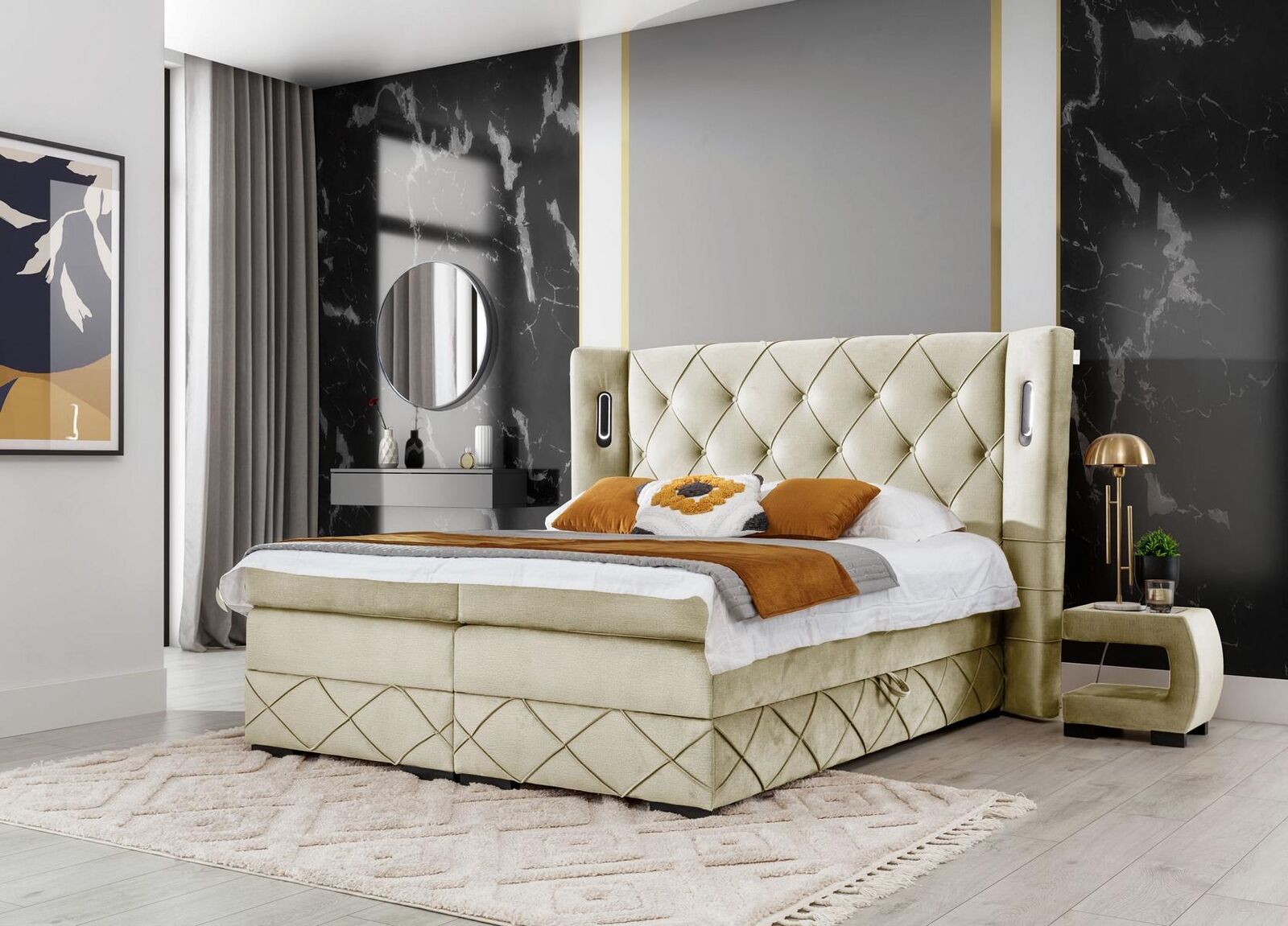 Beige Chesterfield upholstered bed Bedroom bedside tables Luxury furniture