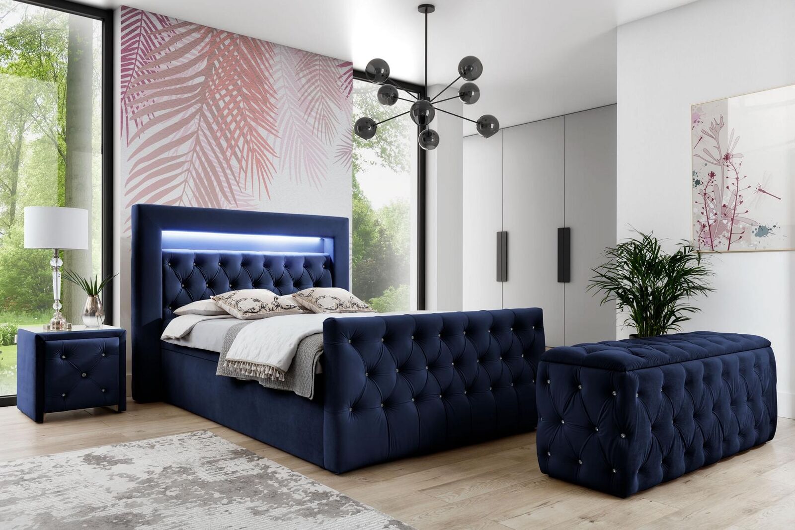 Dark blue Chesterfield bedroom furniture LED double bed bedside consoles