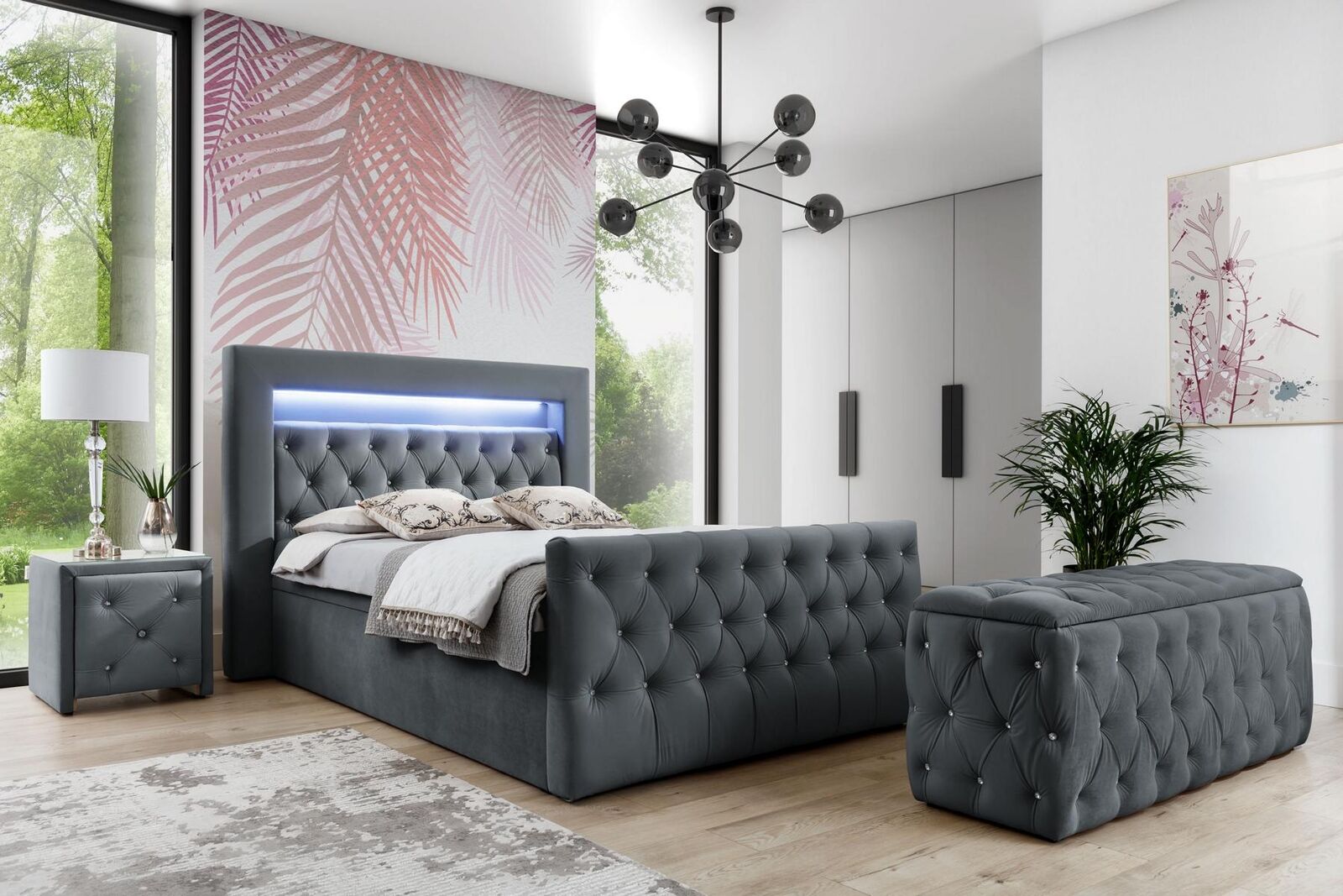 Chesterfield grey bedroom set LED upholstered bed wood bedside tables