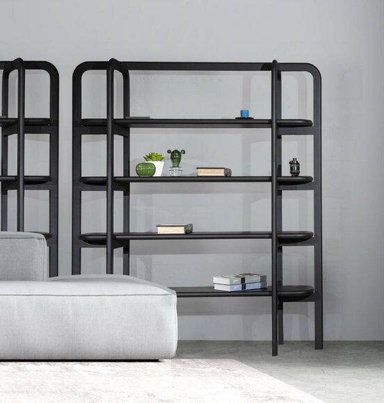 Sturdy black wooden shelving unit in industrial design with vintage charm