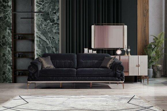 Stylish 3-seater living room black luxury couch modern wooden frame