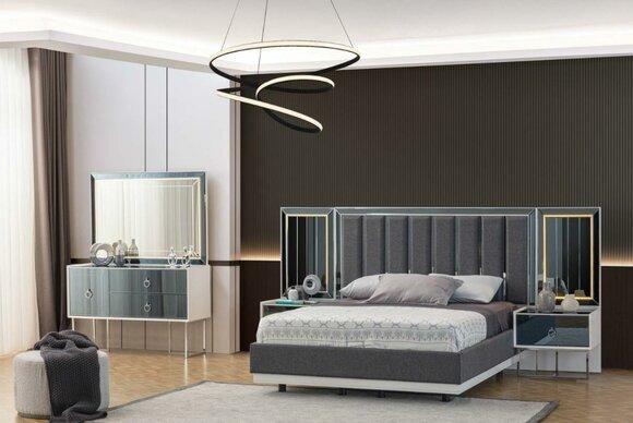 Modern Grey-White Bedroom Furniture Wooden Bedside Tables Double Bed 5pcs