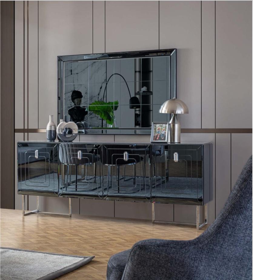 Gray Dining Room Furniture Glass Mirror Designer Stainless Steel Sideboard Luxury Set