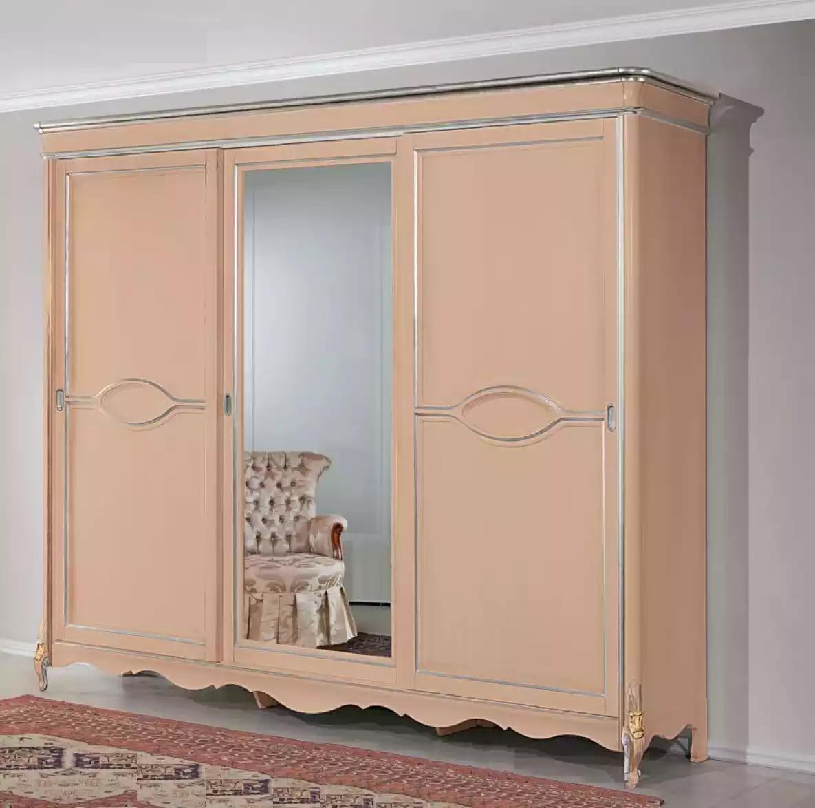 Beige Bedroom Wardrobe 3-door Solid Wood Furniture Classic