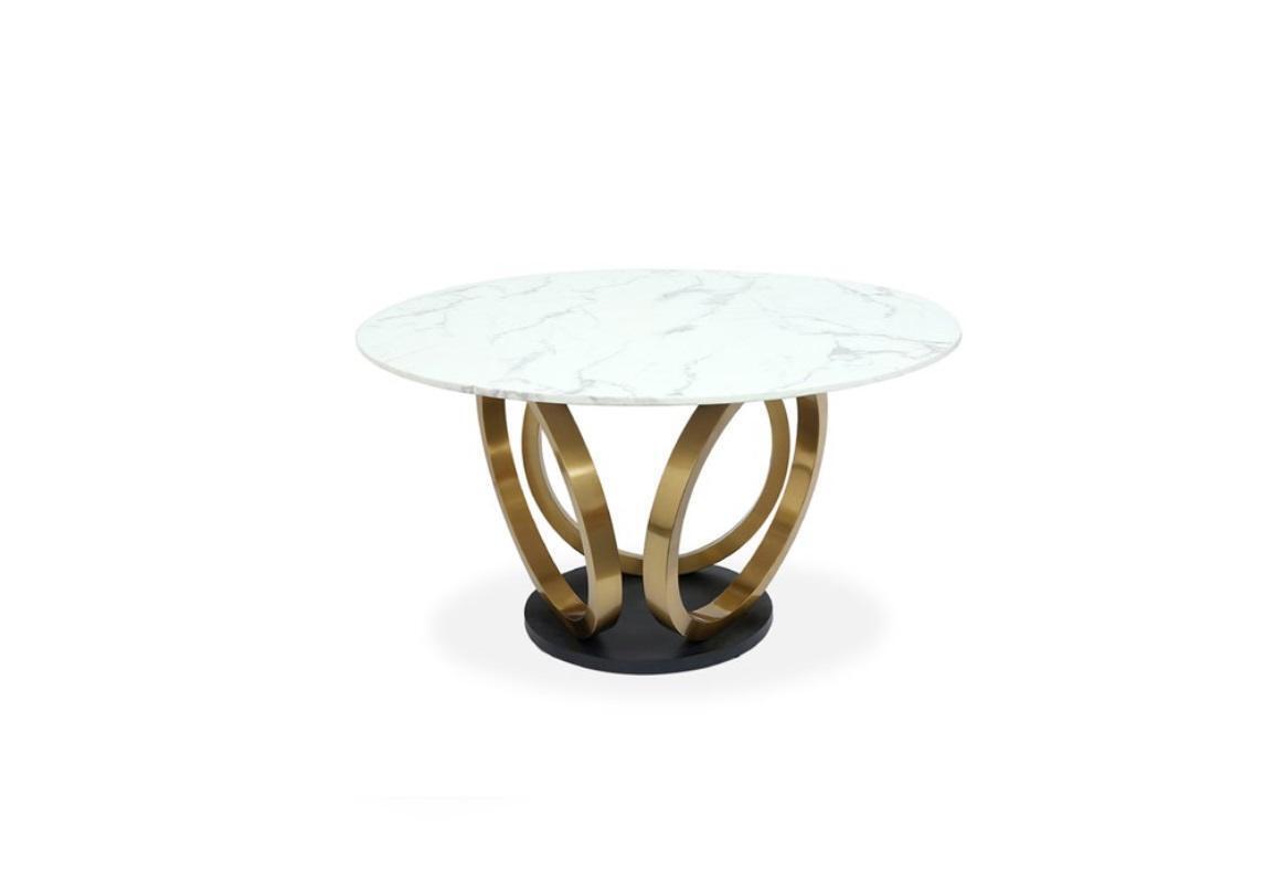 Stylish white round dining table with stainless steel base marble top design