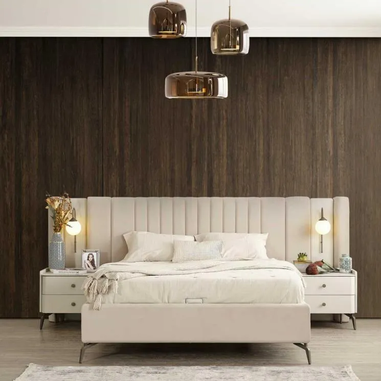 Luxury bedroom bed and 2x bedside tables 3-piece set Design furnishings