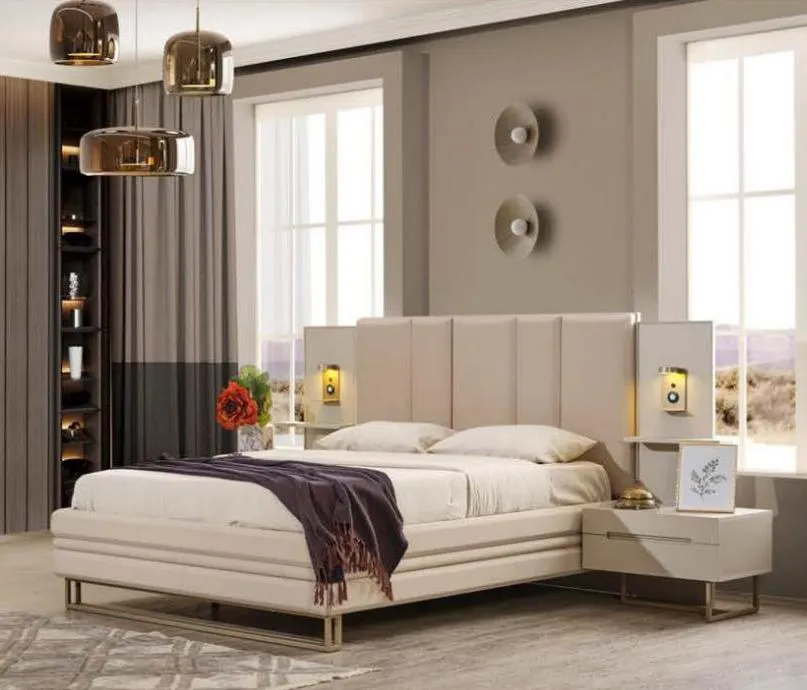 Bedroom Set Luxury Complete Beige Bed 2x Bedside Tables Modern