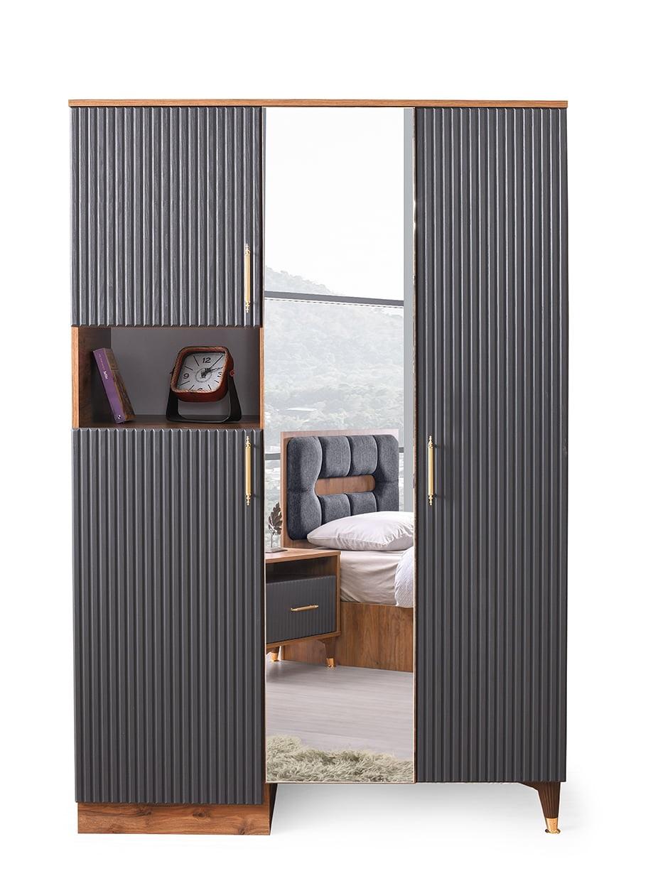 Wardrobe with mirror grey monochrome wood glass youth room modern design