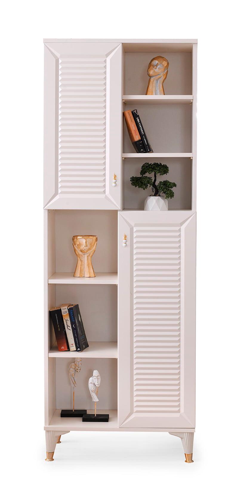 Beige bookcase egg-coloured rectangular storage shelves youth room wardrobe