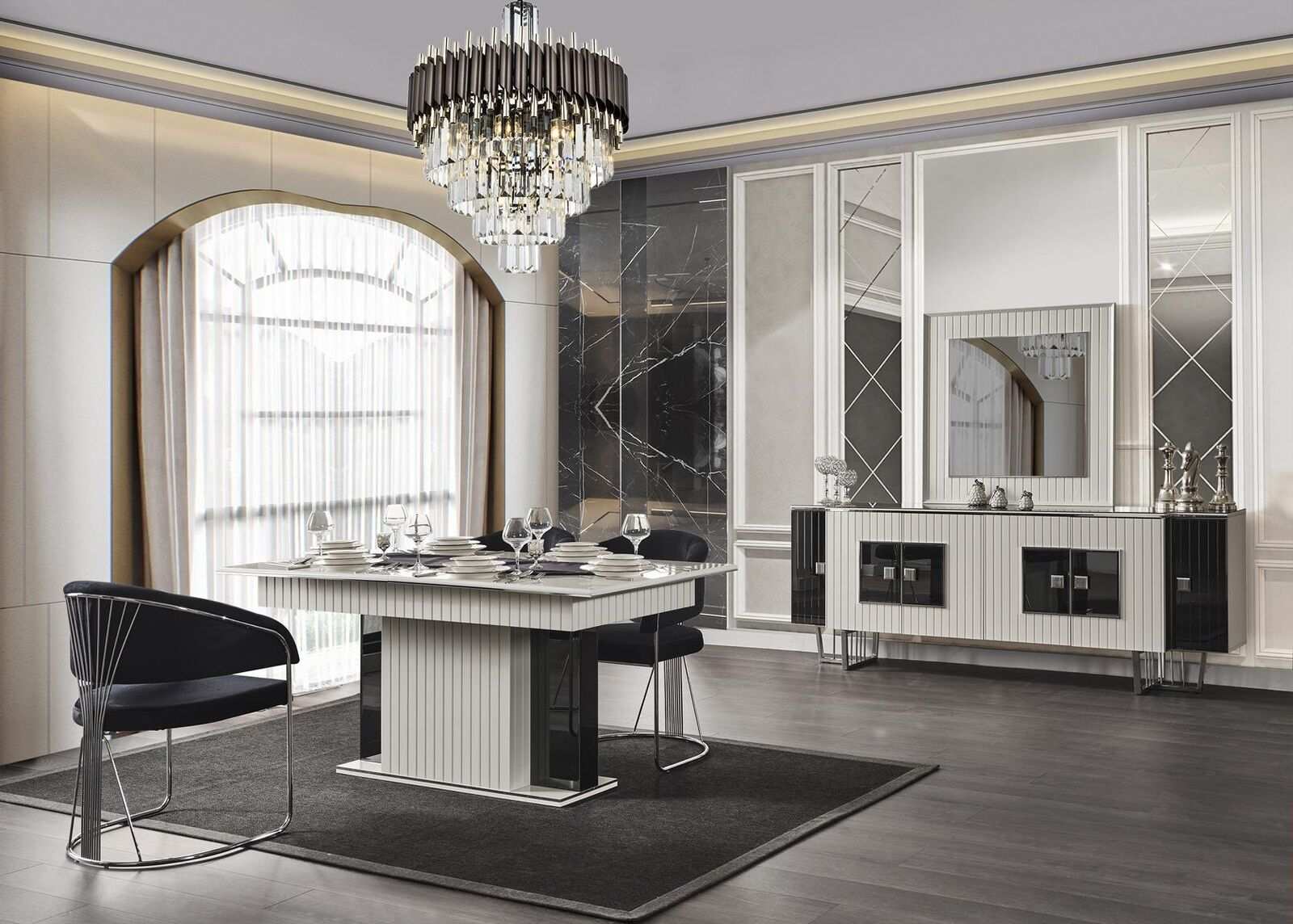 Luxury dining room set, dining table with 6x armchairs, chest of drawers, mirror, 8 pieces.