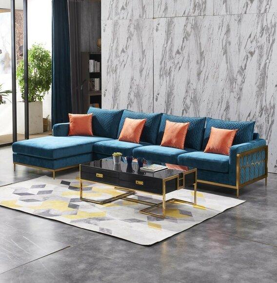 Corner sofa L shape coffee table sofa couch design upholstery luxury blue table 2 pieces metal !