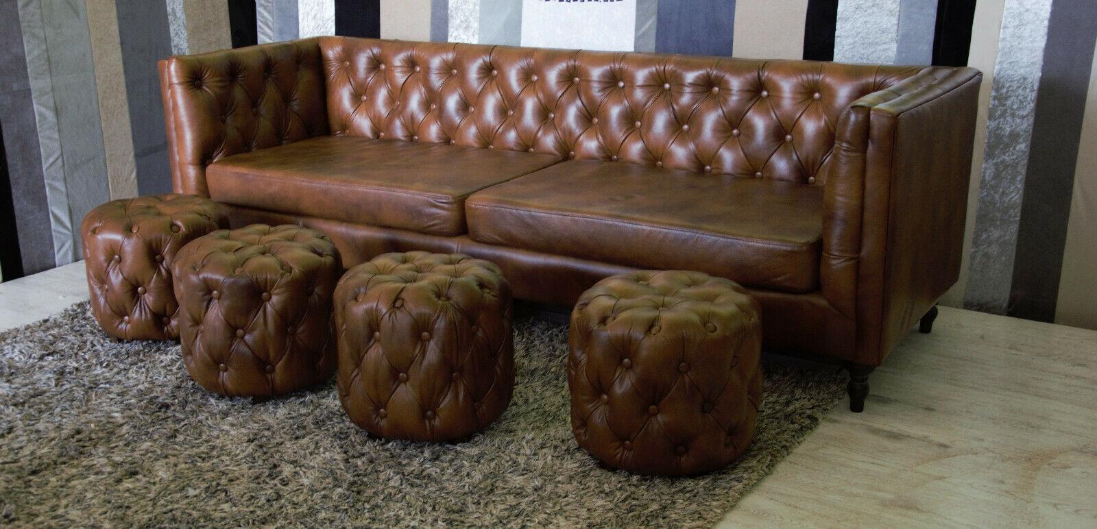 Chesterfield Stool Fabric Design Couch Real Leather Modern Cognac 40x40 cm SOFORT