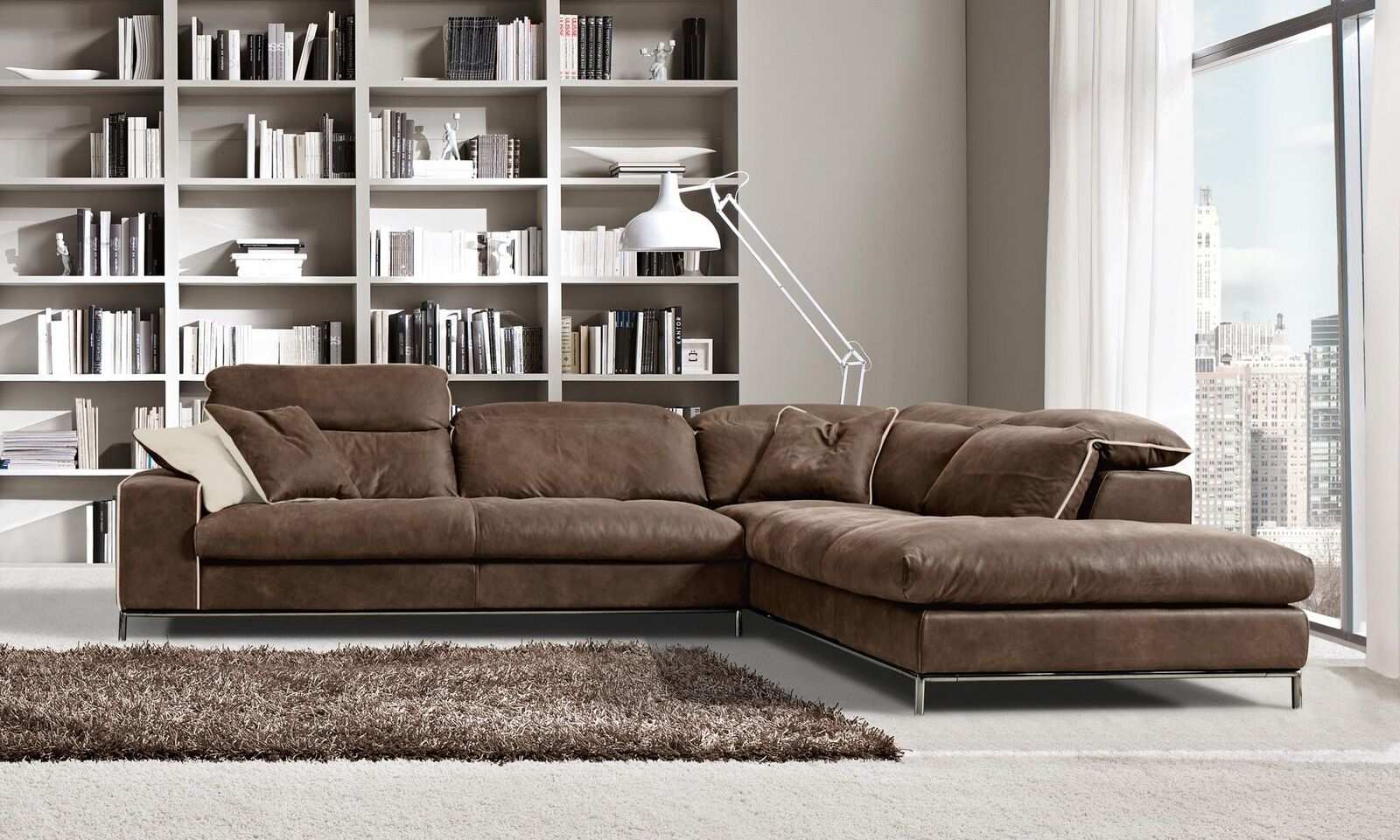 Design corner sofa Prianera Modern luxury corner leather wood sofa L-shape brown sofas