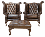 Chesterfield leather lounge chair set wing chair x 2 + stool set leather