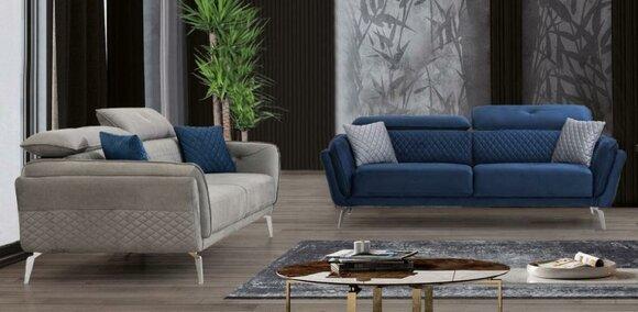 Designer upholstered sofa set blue-gray fabric sofas luxury 2x 3-seater