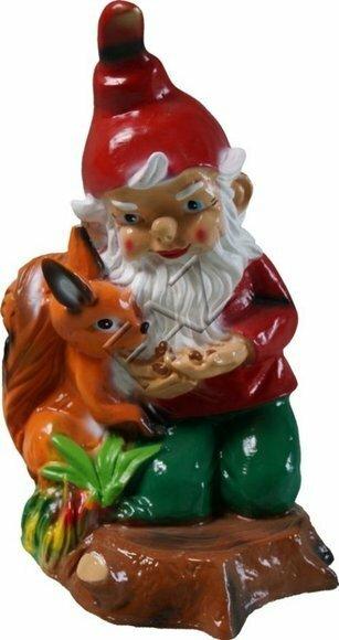 Decor figure designed as a dwarf feeds squirrel on a wood 35cm