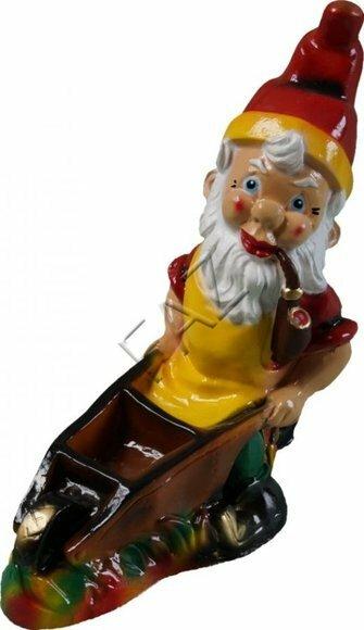 Decor garden figur designed as a dwarf carrying a wooden wheelbarrow 30cm