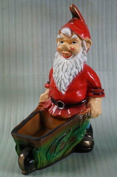 Colorful decor figure designed as a dwarf carrying a wooden wheelbarrow 80cm