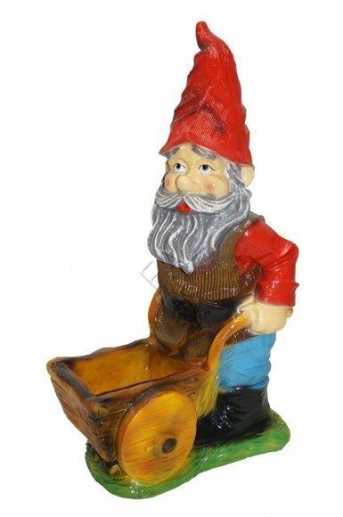 Garden decor figure designed as a colorful dwarf with a square wooden wheelbarrow 77cm