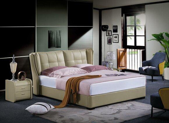 Classic bedroom bed beige textile beds leather upholstery double 180x200cm.