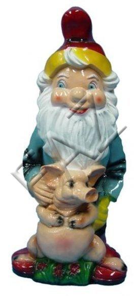 Gloss decor figure designed as a garden dwarf holding a piglet 80cm