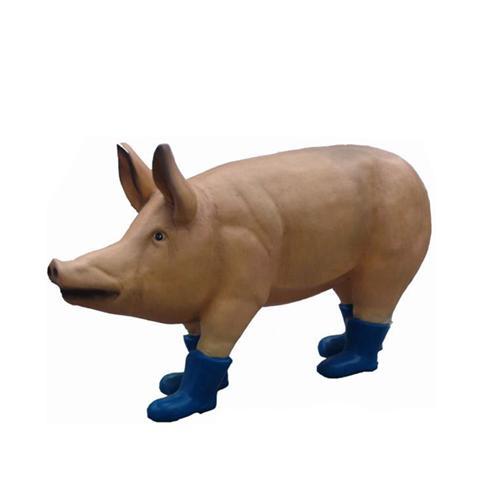 Decorative garden sculpture designed as pig in blue boots figure 100cm length