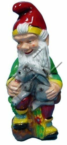 Decor garden figure designed as a sitting colorful dwarf holding a rabbit 76cm