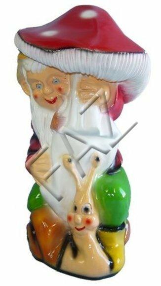 Decor figure designed as colorful dwarf with snail & amanita massive mushroom 70cm