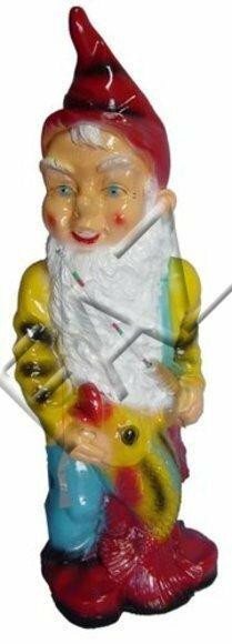 Decor garden figure designed as a colorful dwarf holding a gold fish 71cm