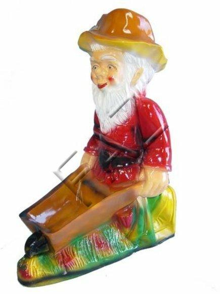 Colorful gloss garden figure designed as a dwarf with a wooden wheelbarrow 70cm