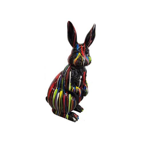 Abstract decorative sculpture designed as black colored gloss rabbit figure with colorful stripes 110cm height