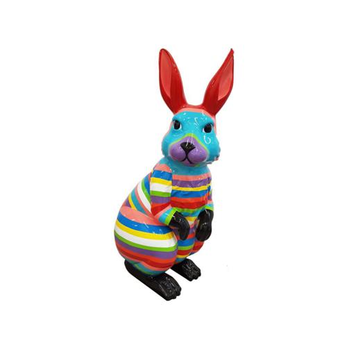 Abstract decorative garden sculpture designed as gloss rabbit figure with colorful stripes 110cm height