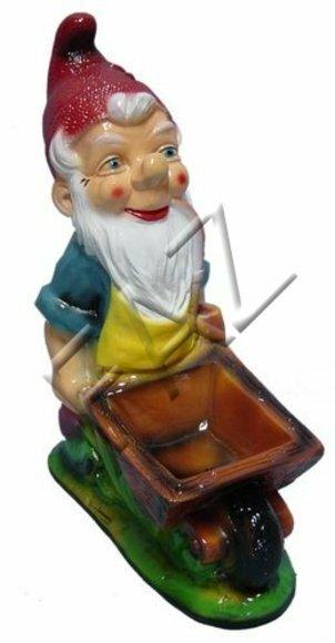 Decor figure designed as a dwarf gardener with a square wooden wheelbarrow 42x31cm