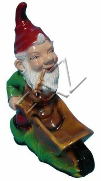 Decor garden figure designed as a dwarf carrying rectangular wooden wheelbarrow 37x30cm