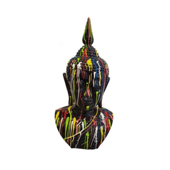 Abstract decorative sculpture designed as a black gloss colored malaysian buddha bust in colorful stripes 117cm