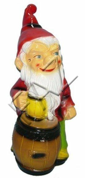 Decor figure designed as a standing dwarf with a beer on a wooden barrel 34cm